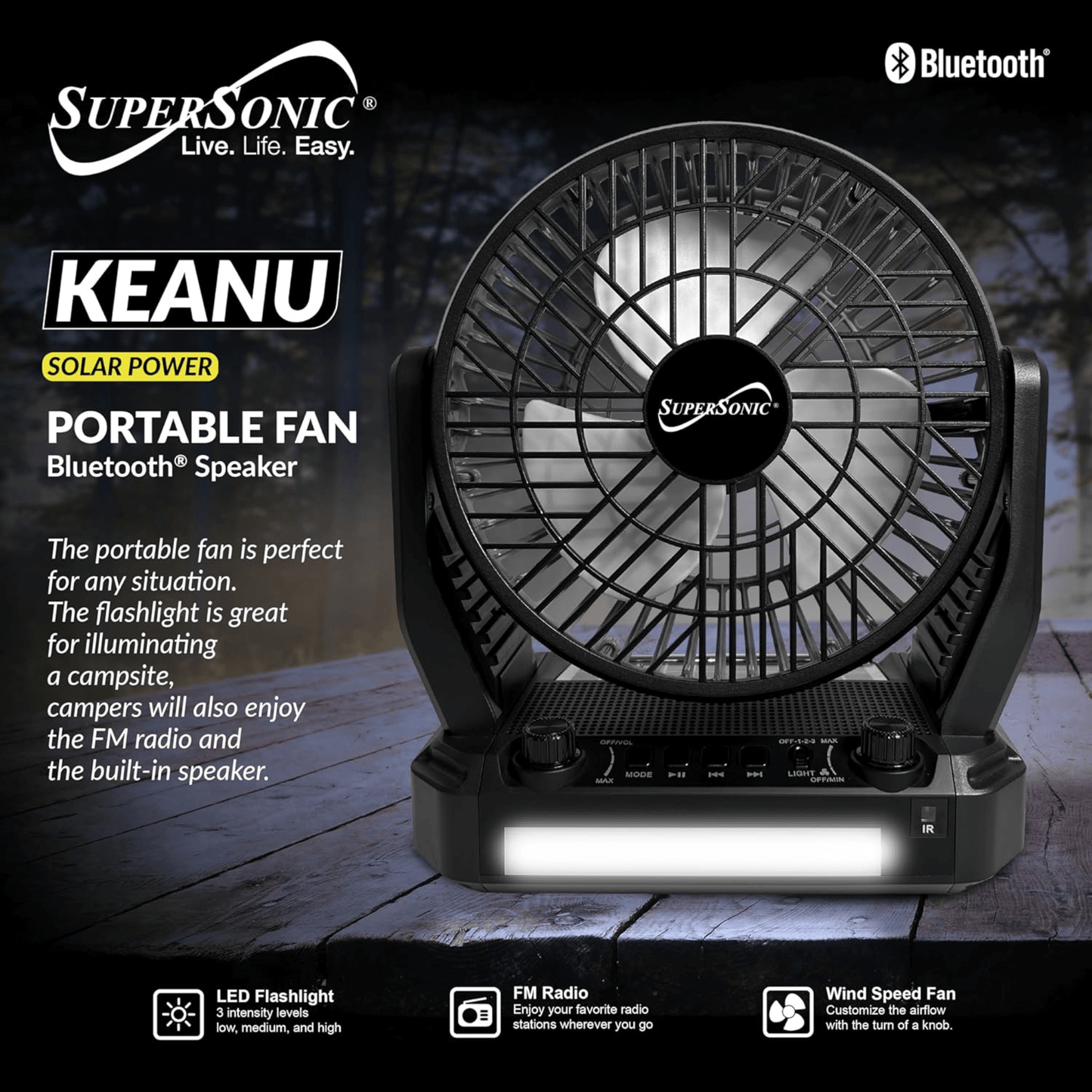 Supersonic Solar-Powered BT Speaker-Fan with FM Radio & LED Flashlight