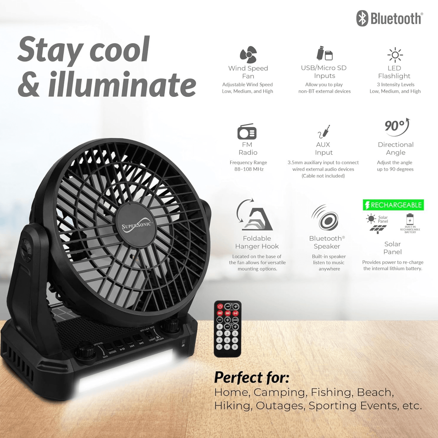 Supersonic Solar-Powered BT Speaker-Fan with FM Radio & LED Flashlight